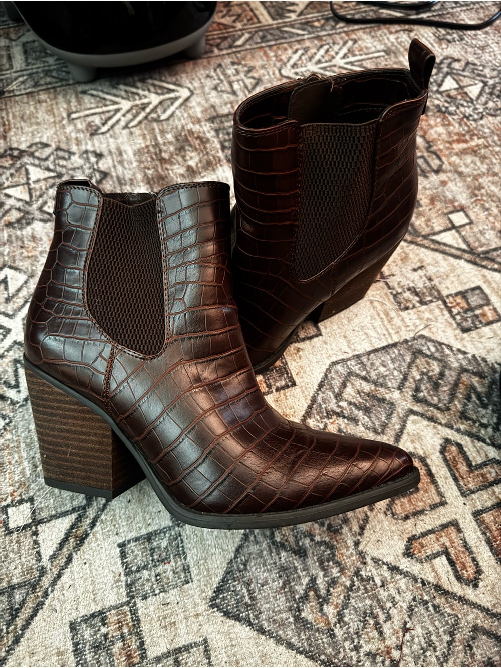 Naturalizer Croc-Embossed Pointed Toe Ankle Boots - Brown